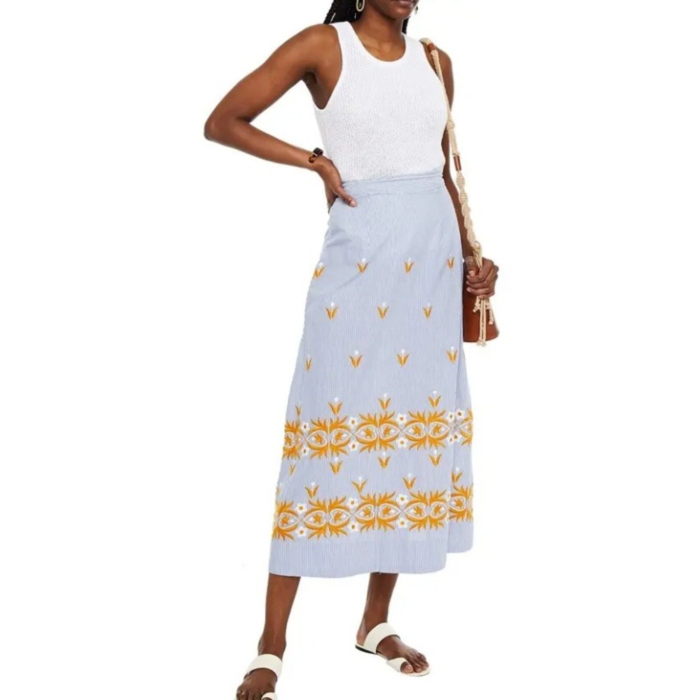 Antik Batik Mexica Skirt Blue White Pinstripe Floral Embroidered Cotton Midi S